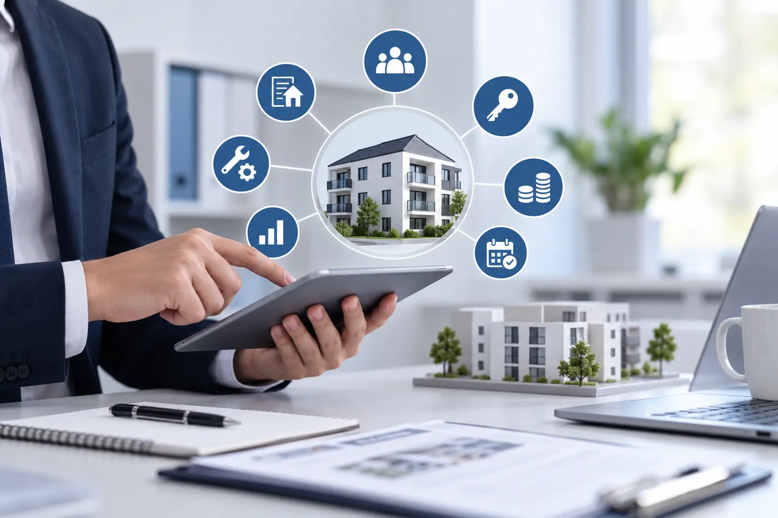 Hausverwalter ruft Abrechnungen, Beschlüsse und Termine im digitalen Kundenportal auf einem Tablet ab
