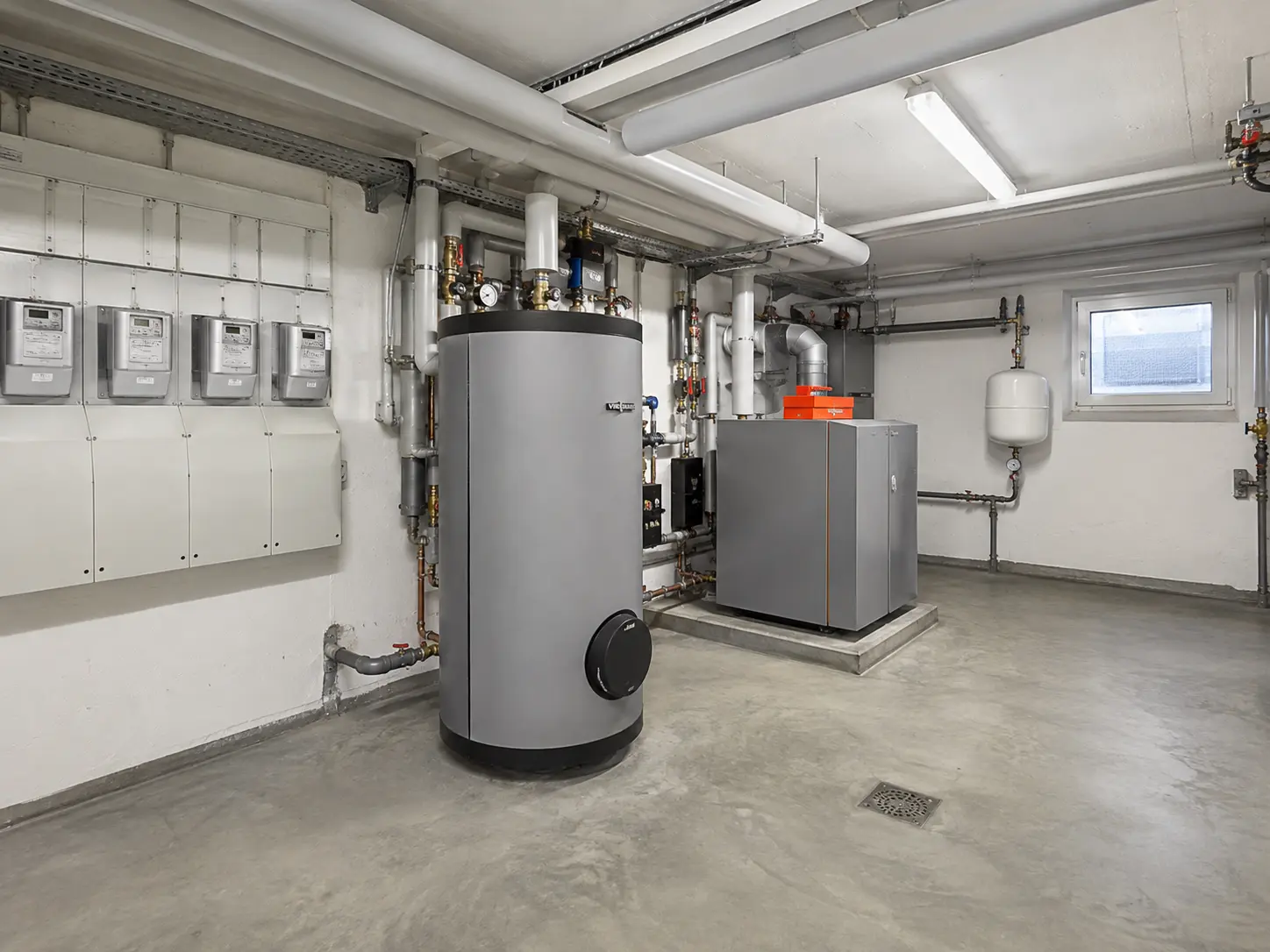 Technikraum im Keller mit Heizungsanlage, Warmwasserspeicher und Zählern als Gemeinschaftseigentum
